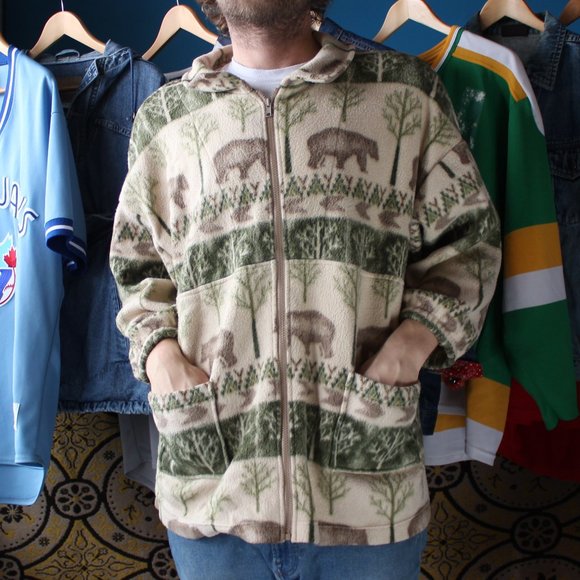 Vintage Tops - Vintage Bear & Forest Print Fleece Zip-Up Sweater